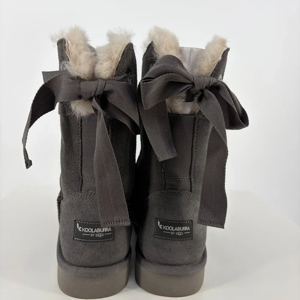 Koolaburra by UGG Victoria Boot Suede Bow Back Grey Winter Cozy Women 9